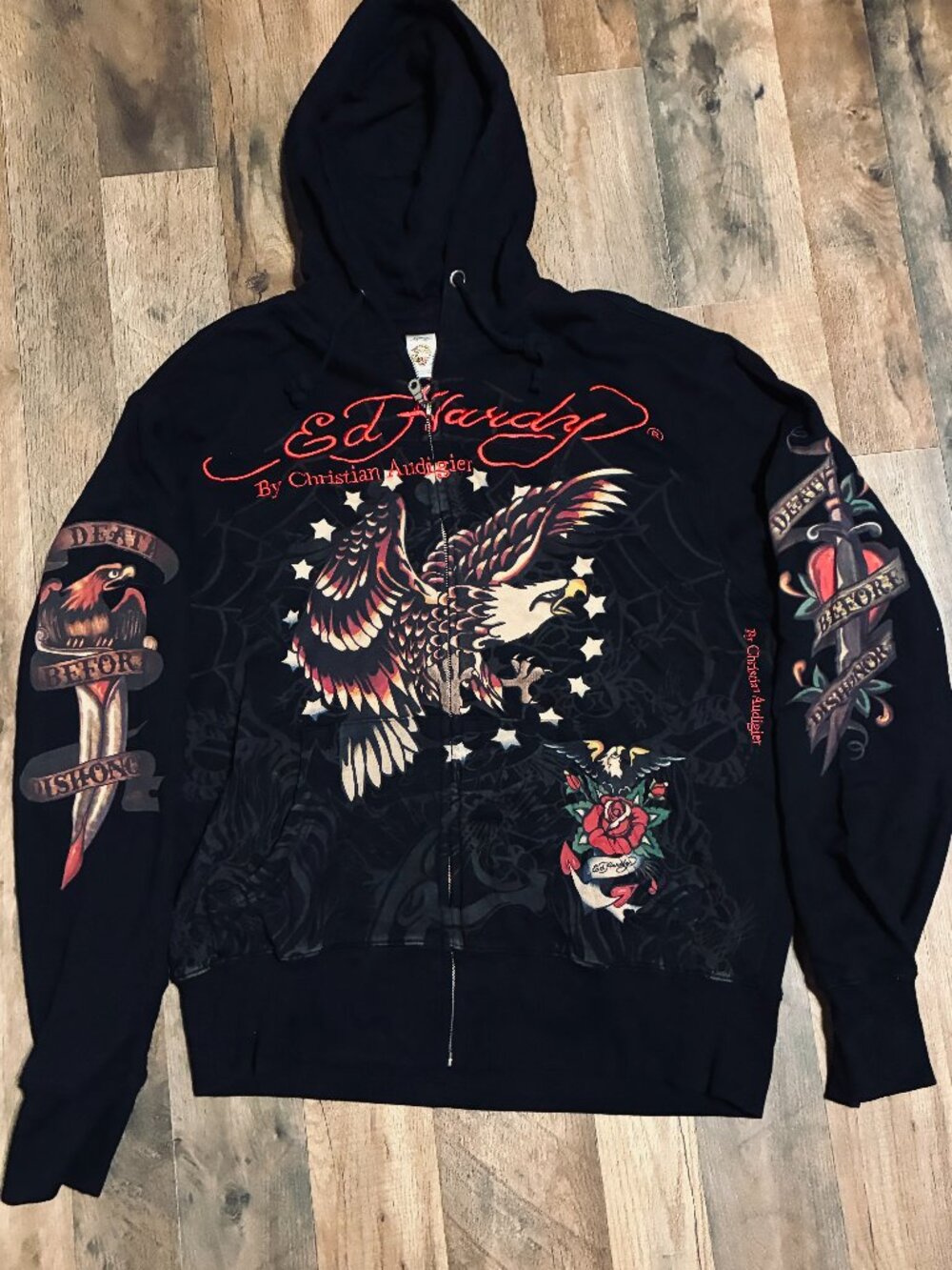 Vintage Ed Hardy Christian Audigier Zip Up Hoodie Black Eagle Tattoo Graphic L